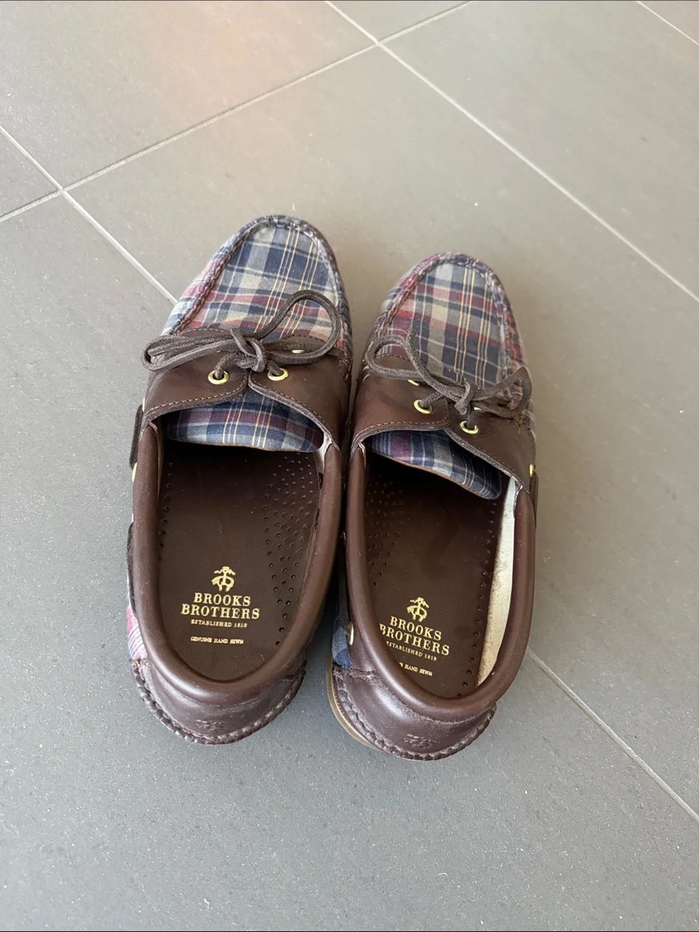 Brooks Brothers Brown Leather Boat Shoes with Blue & Red Plaid